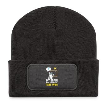 Humorvolles Katzenbild mit Schulkonzept - Recycelte Patch Beanie - Dunkelgrau - Vorne