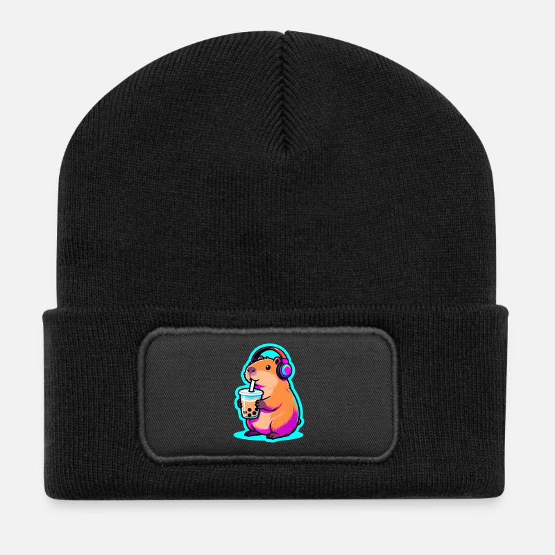 Süßes Capybara Bubble Tea Kawaii Tier Geschenk - Recycelte Patch Beanie - Schwarz