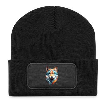 Geometrischer Wolfskopf - Recycelte Patch Beanie - Schwarz - Vorne