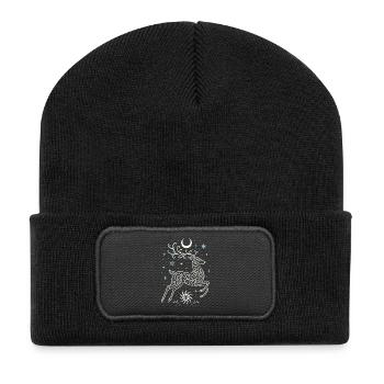 Jumping Yule Deer with Sun & Moon - Recycled Patch Beanie - black - Front