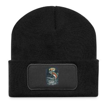 Springende Regenbogenforelle – Retro Anglermotiv - Recycelte Patch Beanie - Schwarz - Vorne