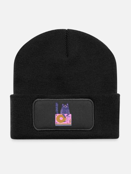 Purple DJ Cat on Pink Turntable - Recycled Patch Beanie - black