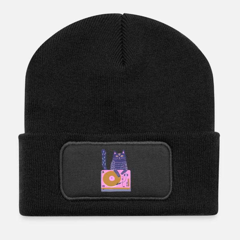 Purple DJ Cat on Pink Turntable - Recycled Patch Beanie - black