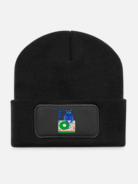 Blue Cat DJ on Whimsical Turntable - Recycled Patch Beanie - black