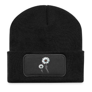 Blaue Gänseblümchen, Glück und Liebe - Recycelte Patch Beanie - Schwarz - Vorne