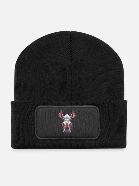 Ornate Rhino Portrait - Psychedelic Spirit Mask - Recycled Patch Beanie - black