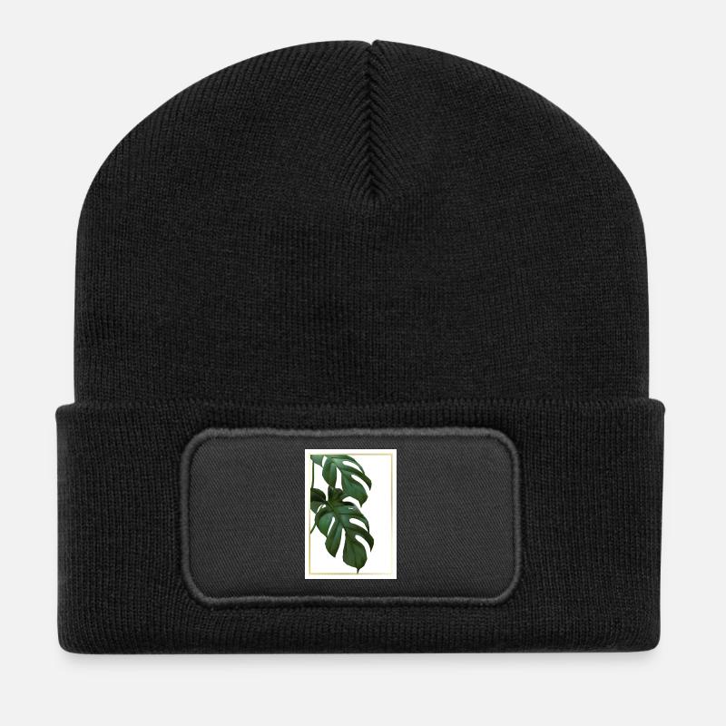 Monstera Tropenblätter im Goldrahmen - Recycelte Patch Beanie - Schwarz