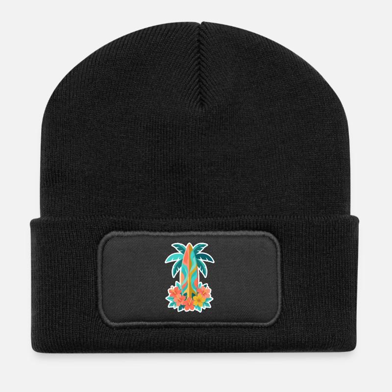 Tropical Surfboard Hibiscus Bloom - Recycled Patch Beanie - black
