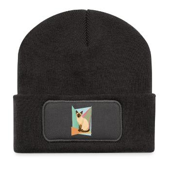 Elegante Siamkatze im Geometrie Stil - Recycelte Patch Beanie - Dunkelgrau - Vorne