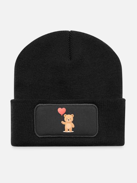 Zarter Bär mit Herzballon - Recycelte Patch Beanie - Schwarz