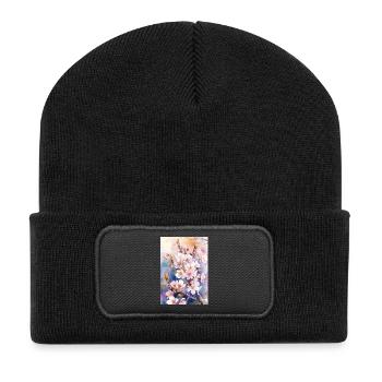 Aquarellfarben pastellfarbene Kirschblüten - Recycelte Patch Beanie - Schwarz - Vorne