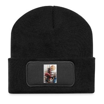 Zen-Sonne-Aquarellpagode - Recycelte Patch Beanie - Schwarz - Vorne
