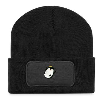 fröhlicher Pinguin mit einer goldenen Krone - Recycelte Patch Beanie - Schwarz - Vorne