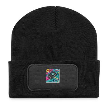 90er-Vibes: Walkman-Kult im Comic-Look - Recycelte Patch Beanie - Schwarz - Vorne