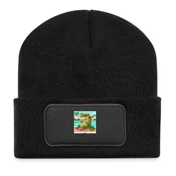 Krokodil am Pool mit Longdrink - Recycelte Patch Beanie - Schwarz - Vorne