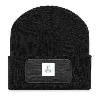 Bunte Ostern mit Hase - Recycelte Patch Beanie - Schwarz - Vorne