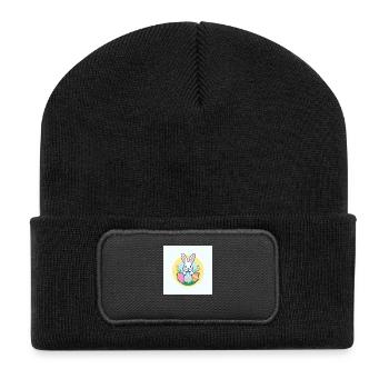 Drei Osterhasen mit fröhlichen Eiern - Recycelte Patch Beanie - Schwarz - Vorne