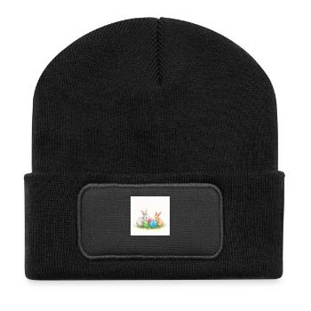 Osterhase im Glücksrausch - Recycelte Patch Beanie - Schwarz - Vorne