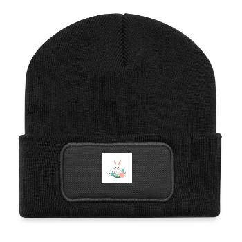 Fröhlicher Hase & Ei-Überraschung - Recycelte Patch Beanie - Schwarz - Vorne