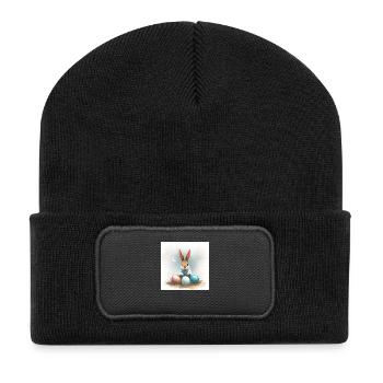 Fröhliche Ostern mit Hase und Ei - Recycelte Patch Beanie - Schwarz - Vorne