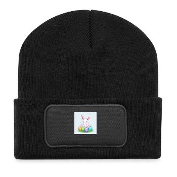 Osterhase und bunte Freude - Recycelte Patch Beanie - Schwarz - Vorne
