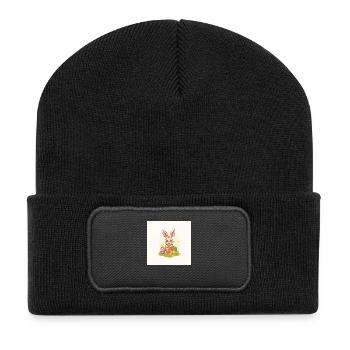 Eierhase & Frühlingsfreude - Recycelte Patch Beanie - Schwarz - Vorne