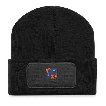 Groovy Retro Blue and Orange Flowers - Recycled Patch Beanie - black - Front