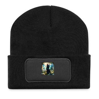 Katze mit Flügeln - Recycelte Patch Beanie - Schwarz - Vorne