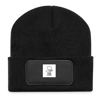 Take Care – Achtsamkeit beginnt bei dir - Recycelte Patch Beanie - Schwarz - Vorne