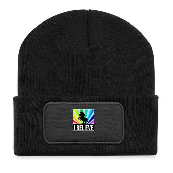 I BELIEVE Einhorn vor leuchtenden Regenbogenstrahl - Recycelte Patch Beanie - Schwarz - Vorne