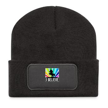 Je crois licorne devant un faisceau arc-en-ciel brillant - Beanie recyclé à patch - charbon - Devant