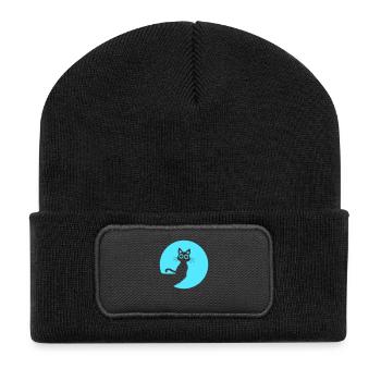 Katze Süß Mond Rund Klippe Berg Nacht große Augen - Recycelte Patch Beanie - Schwarz - Vorne
