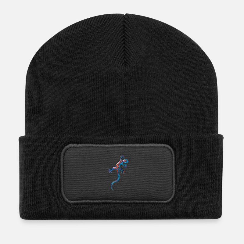 Echse in Blau - Recycelte Patch Beanie - Schwarz