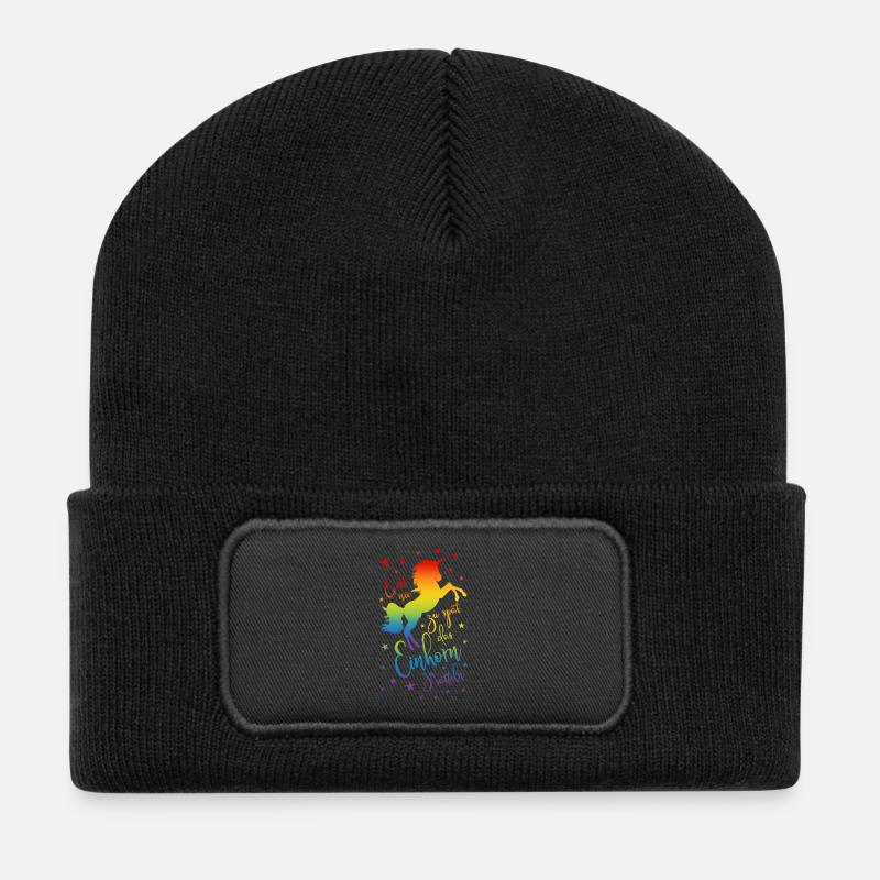 Einhorn satteln Spruch Regenbogen Sterne bunt - Recycelte Patch Beanie - Schwarz