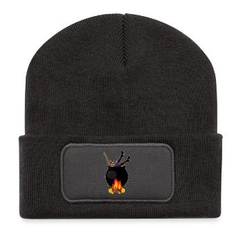 Hexe in Kochtopf - Halloween Kochen Feuerholz - Recycelte Patch Beanie - Dunkelgrau - Vorne