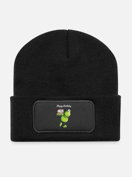Frosch trägt Kuchen - Recycelte Patch Beanie - Schwarz