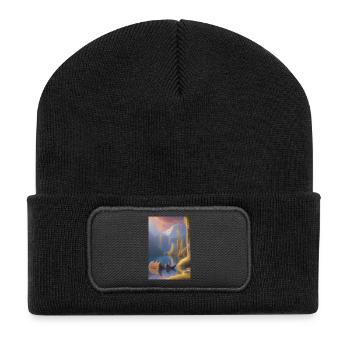 Landscape with lake, boat and mountains - Recycled Patch Beanie - black - Front