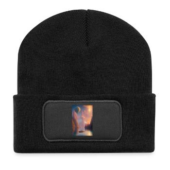 Paysage avec lac, bateau et montagnes - Beanie recyclé à patch - noir - Devant