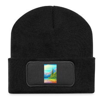 Paysage avec lac, bateau et montagnes - Beanie recyclé à patch - noir - Devant