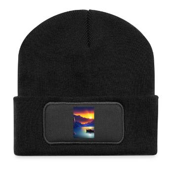 Landscape with lake, boat and mountains - Recycled Patch Beanie - black - Front