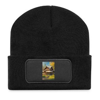 Charmante Hütte am See - Recycelte Patch Beanie - Schwarz - Vorne