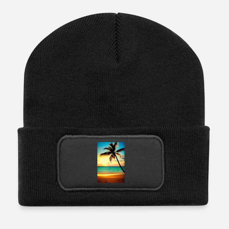 Karibik Palmen Strand - Recycelte Patch Beanie - Schwarz