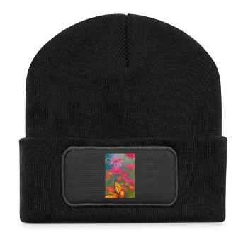 Blumen und Schmetterling - Recycelte Patch Beanie - Schwarz - Vorne