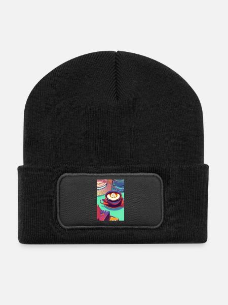 Kaffee, Kaffeebohnen - Recycelte Patch Beanie - Schwarz