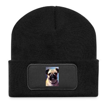 Mops Hund - Recycelte Patch Beanie - Schwarz - Vorne