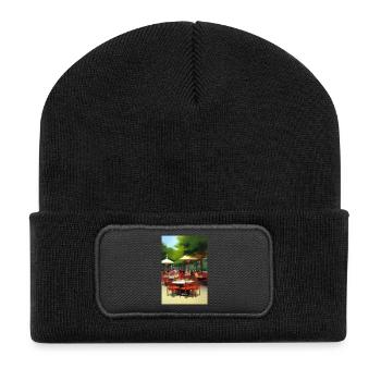 Asiatisches Cafe im Freien - Recycelte Patch Beanie - Schwarz - Vorne