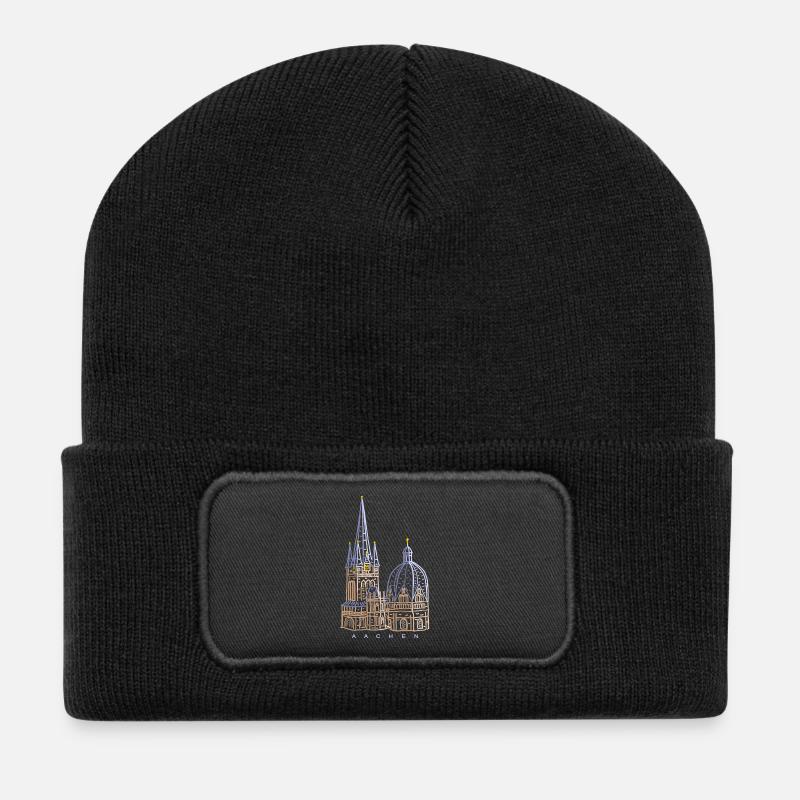 Aachener Dom, Handgezeichnet - Recycelte Patch Beanie - Schwarz