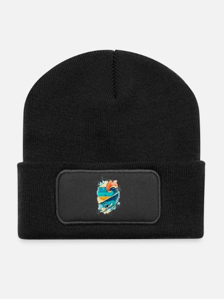 Surfer Illustration on the Wave - Fun Surf - Recycled Patch Beanie - black