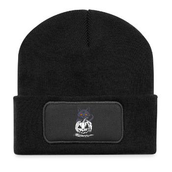 Schwarze Katze mit Kürbis - Halloween Design - Recycelte Patch Beanie - Schwarz - Vorne