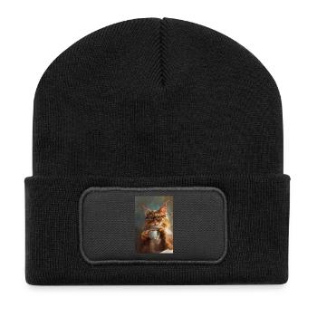 Poster Illustration of Cat with Coffee Cup - Recycled Patch Beanie - black - Front